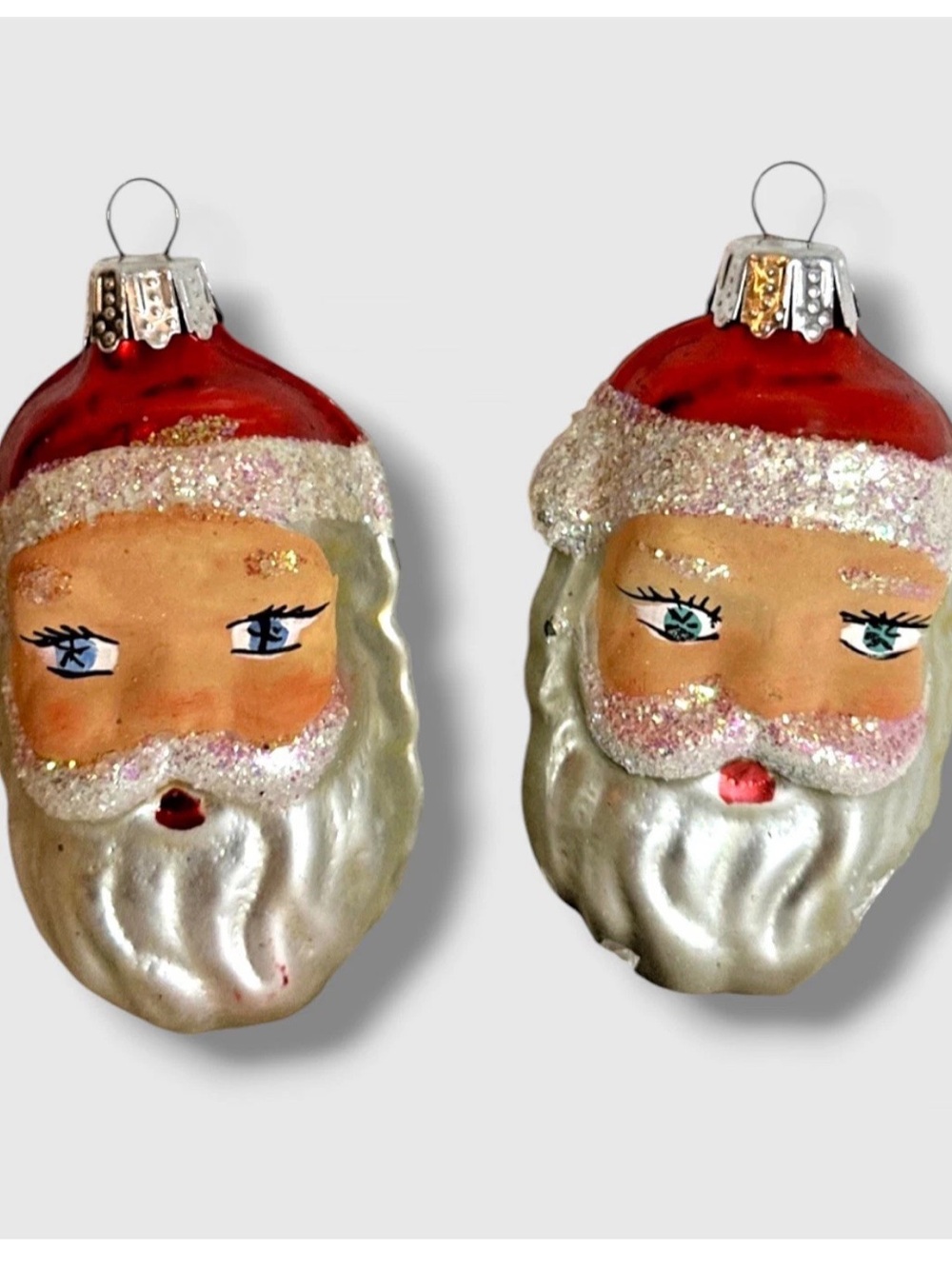 2 VINTAGE HAND PAINTED GLASS SANTA HEAD CHRISTMAS ORNAMENT'S